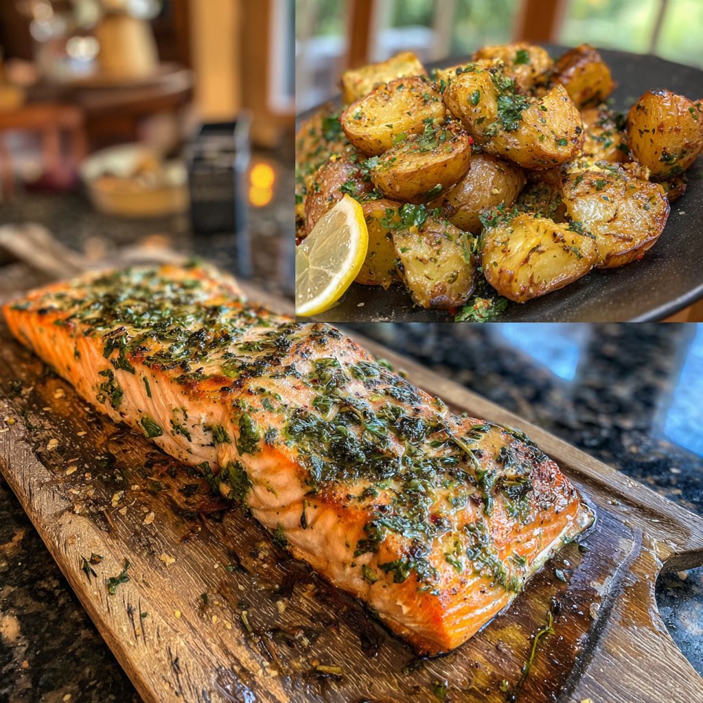 Garlic Herb Lemon Butter Salmon with Crispy Potatoes